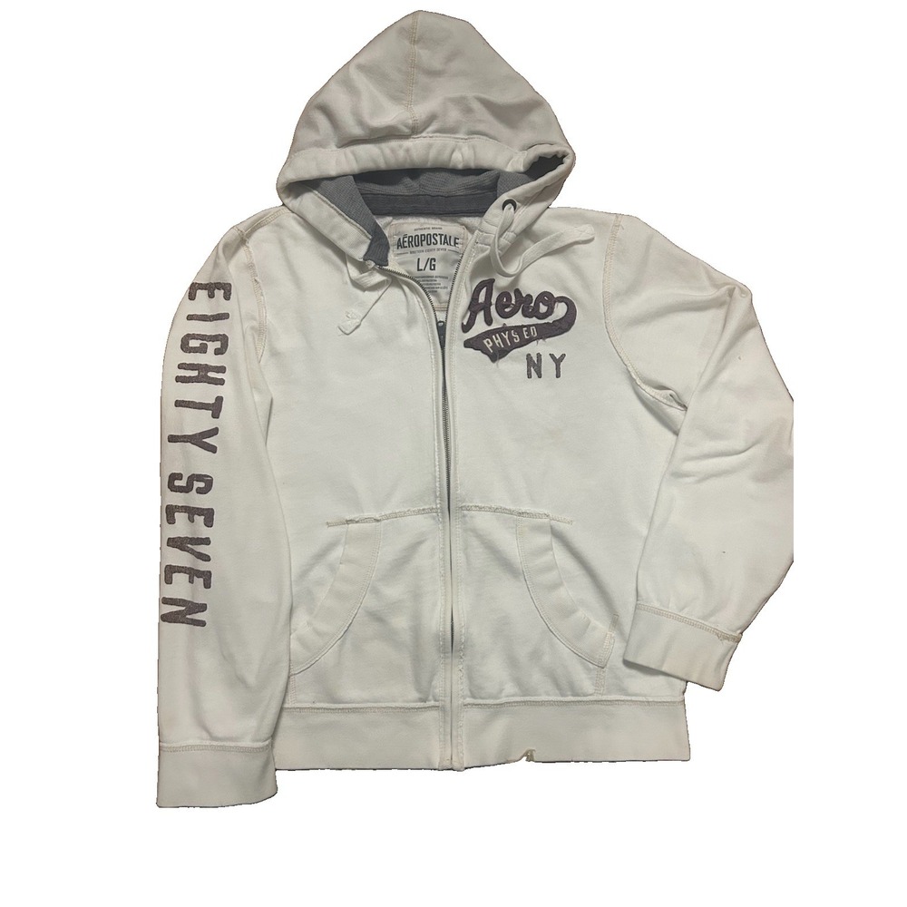Vintage Y2K Aeropostale Full Zip Hoodie White SZ Lg Distressed Logo PHYS Ed 87